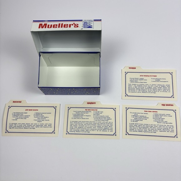 Vintage MUELLER'S PASTA Tin Metal Recipe Box Dated 1980 With Recipe Cards - Picture 10 of 16
